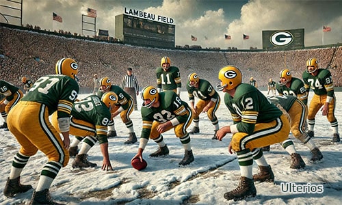 Green Bay Packers of the 1960s playing football in the snow