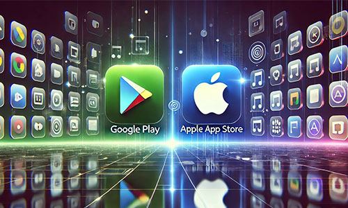 App Stores Google Play and Apple App Store with Technology Background