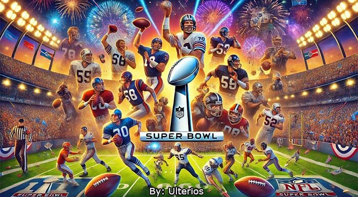 Super Bowl history with Lombardi Trophy and football players