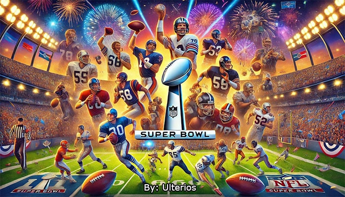 Super Bowl history with Lombardi Trophy and football players