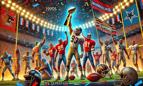 NFL Super Bowl winners of the 1990s with player holding Lombardi Trophy